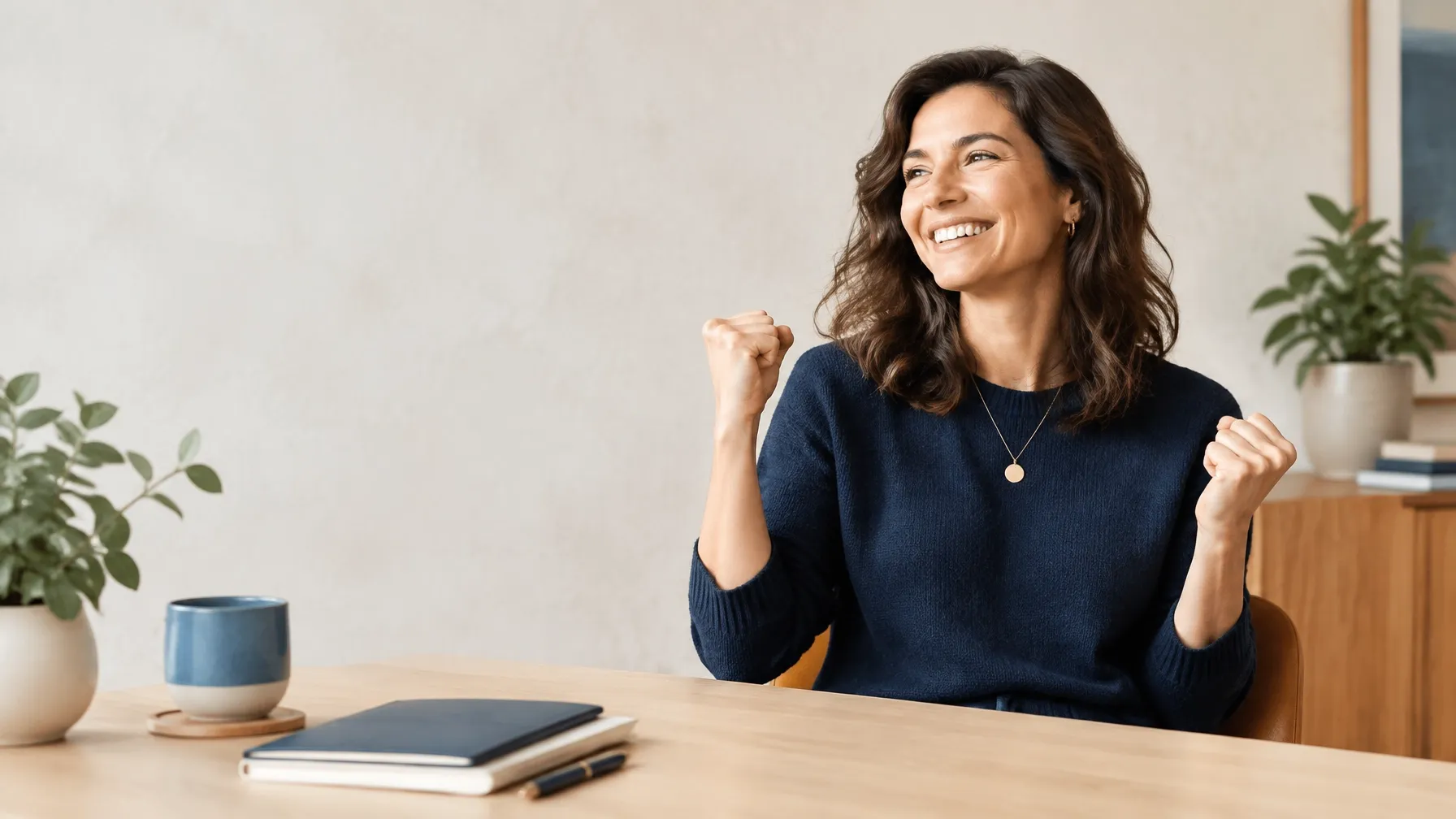 Happy business owner celebrating a moment of progress at her desk